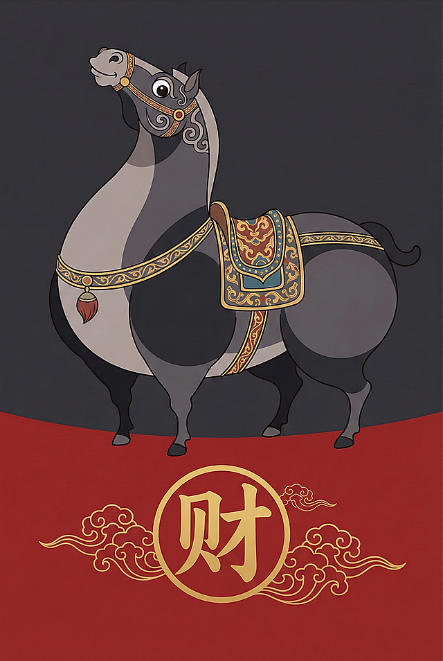 国潮插画风，拟人化骏马身披刺绣纹饰，鎏金配色尽显复古喜庆，红底金字“财”字呼应新春主题，中式美学与吉祥寓意完美融合。