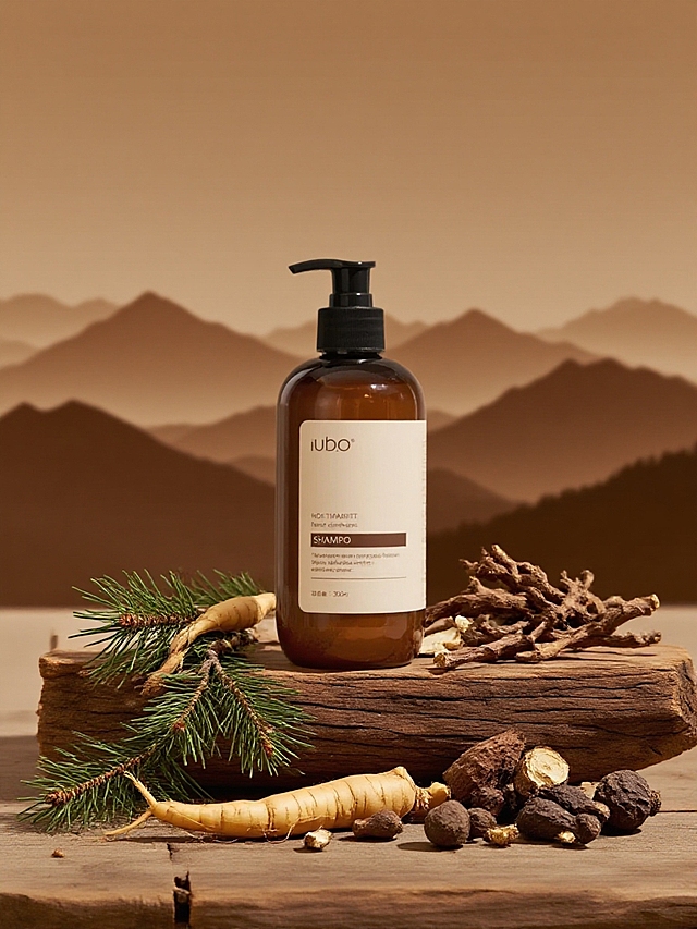 保持主体外观和形状。主体放置一根木块上，搭配人参、干枯树枝、何首乌、当归、侧柏叶。以暖棕色调远山为背景，营造古朴自然且高级的质感。