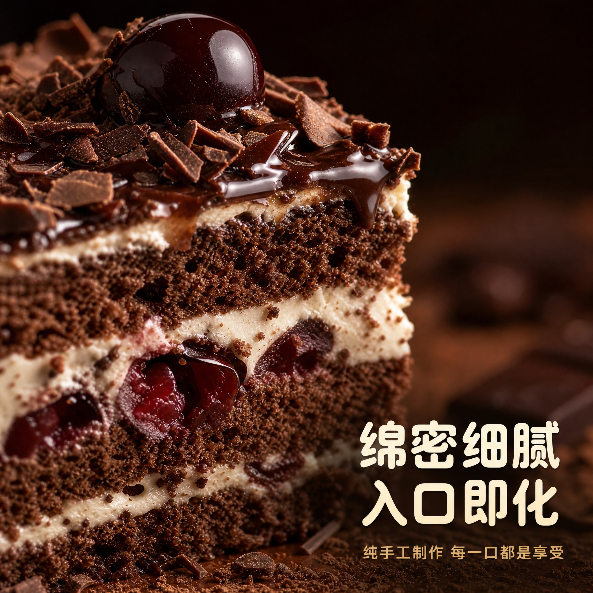[主图-3] 黑森林蛋糕细节微距特写，主题为绵密口感与精致工艺… - 图片创意预览