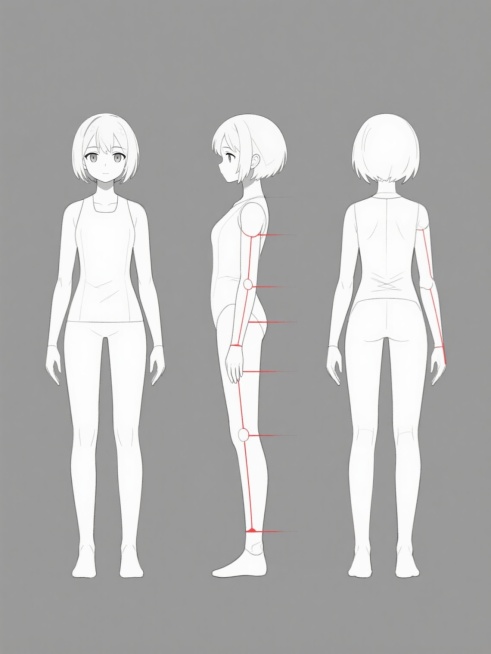 灰色纯色背景，角色设计三视图，包含正面、侧面、背面视图，采用简约线条勾勒的人物造型，整体风格为日式动漫风格，线条流畅，人物比例协调，无任何logo文字，人物姿态自然，身体结构清晰，关节处有红色线条标注，画面简洁干净，具有设计感和专业性。预览效果