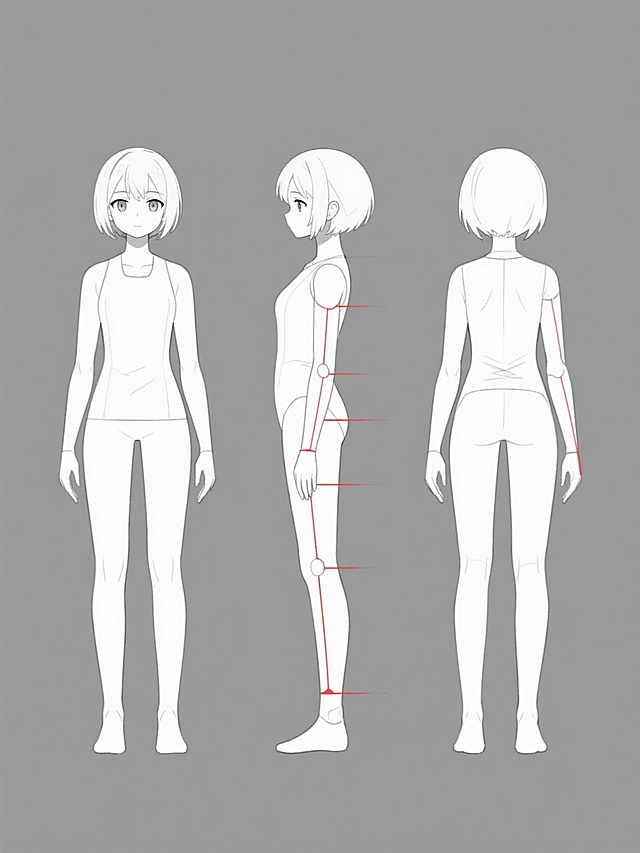 灰色纯色背景，角色设计三视图，包含正面、侧面、背面视图，采用简约线条勾勒的人物造型，整体风格为日式动漫风格，线条流畅，人物比例协调，无任何logo文字，人物姿态自然，身体结构清晰，关节处有红色线条标注，画面简洁干净，具有设计感和专业性。