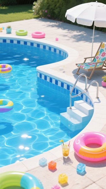 写实风格泳池场景，清澈见底的蓝色泳池水，水面波光粼粼，池壁由蓝白相间的小瓷砖铺成，池边有银色金属扶手和白色台阶，阳光下水面反射出耀眼光芒，池边散落着色彩鲜艳的充气游泳圈、漂浮的彩色冰块和冰镇饮料杯，旁边放着一把打开的白色遮阳伞和带有夏日印花的躺椅，营造出轻松愉快的夏日泳池氛围。预览效果