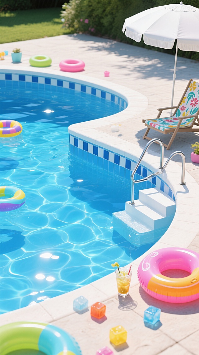 写实风格泳池场景，清澈见底的蓝色泳池水，水面波光粼粼，池壁由蓝白相间的小瓷砖铺成，池边有银色金属扶手和白色台阶，阳光下水面反射出耀眼光芒，池边散落着色彩鲜艳的充气游泳圈、漂浮的彩色冰块和冰镇饮料杯，旁边放着一把打开的白色遮阳伞和带有夏日印花的躺椅，营造出轻松愉快的夏日泳池氛围。
