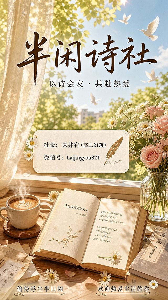 现代生活小确幸风格竖版海报，主题为半闲诗社招新，画面饱满美好，色彩高级有质感，不媚俗。延续第三章海报的温暖自然基调，在光影与色彩层次上更加饱满丰盈。背景是温馨治愈的现代生活场景：窗边原木书桌上摊开一本泛黄的诗集，旁边放着一杯冒着热气的拿铁咖啡，玻璃花瓶里插着几支白色洋甘菊与淡粉色玫瑰，阳光透过白纱窗帘洒下柔和的金色光斑，窗外是初夏的翠绿梧桐与淡蓝色天空，几只白鸽掠过。整体色调以奶白、暖金、橄榄绿、豆沙粉为主，色彩饱满温润，高级有质感，不艳俗，充满电影般的氛围感。画面上方中央是大字号主标题"半闲诗社"，温柔手写体，深墨棕色，雅致有温度。主标题下方是副标题"以诗会友 · 共赴热爱"，简洁衬线字体，深灰色。画面中部偏下设奶白色圆角信息卡片，带细腻纸张纹理与柔和阴影，卡片内清晰呈现："社长：来井宥（高二21班）"与"微信号：Laijingyou321"，深棕色工整字体，旁边配有一枚小巧的铜色羽毛笔图标。卡片周围点缀飘落的书页与几朵小雏菊。底部装饰短句"偷得浮生半日闲"与"欢迎热爱生活的你"以小字分列左右。整体风格饱满美好，温暖治愈，色彩高级温润，充满生活的诗意与质感，版式精美舒适，文字清晰可读。画面中所有数字必须精确渲染，不得错位、遗漏或编造。画面中所有信息区域必须填充完整合理的内容，不得出现空白框、空白占位、横线待填写区域，确保是完整可用的成品海报。