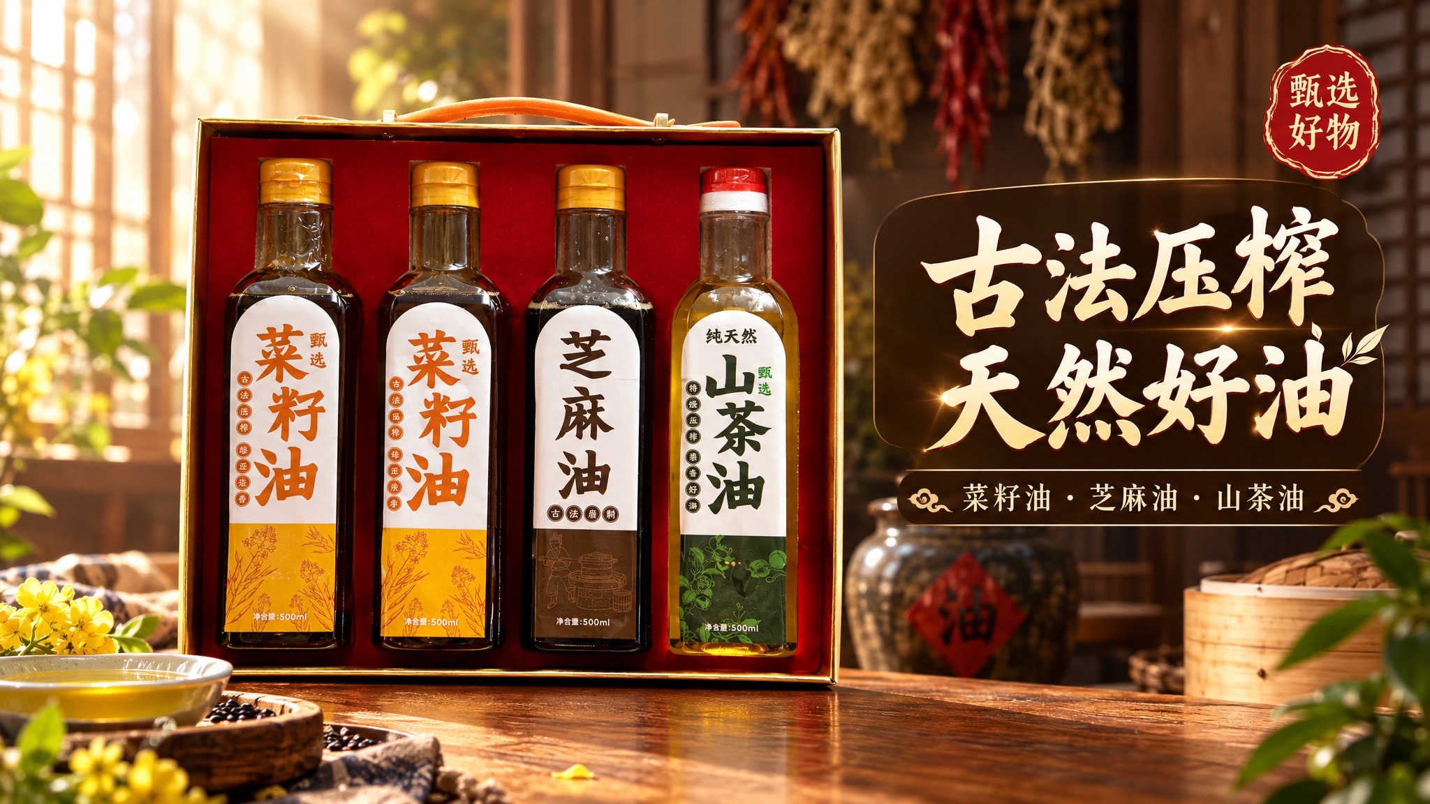 基于参考图中的食用油礼盒（含菜籽油、芝麻油、山茶油四瓶，红色礼… - 图片创意预览