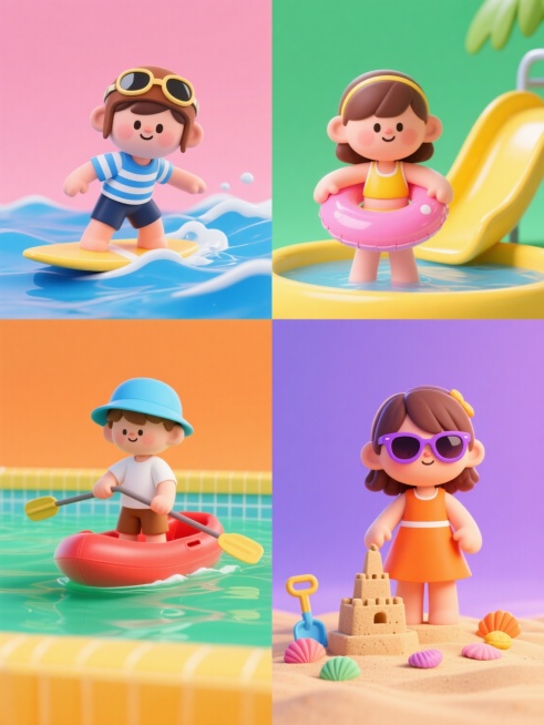 一系列四个相同风格的3D卡通儿童角色插画，保持明亮欢快的氛围和圆润可爱的造型，采用不同纯色背景（如粉色、绿色、橙色、紫色），每个角色进行不同的夏日水上活动：一个男孩在蓝色海浪中冲浪，戴着飞行员墨镜，穿着蓝白条纹短袖和深色短裤；一个女孩在黄色泳池里玩水上滑梯，戴着粉色游泳圈，穿着黄色泳衣；一个男孩在绿色湖面上划着红色小皮艇，戴着蓝色遮阳帽，穿着白色T恤和棕色短裤；一个女孩在橙色沙滩边堆沙堡，戴着……预览效果