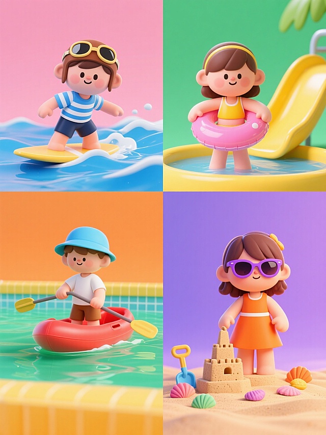一系列四个相同风格的3D卡通儿童角色插画，保持明亮欢快的氛围和圆润可爱的造型，采用不同纯色背景（如粉色、绿色、橙色、紫色），每个角色进行不同的夏日水上活动：一个男孩在蓝色海浪中冲浪，戴着飞行员墨镜，穿着蓝白条纹短袖和深色短裤；一个女孩在黄色泳池里玩水上滑梯，戴着粉色游泳圈，穿着黄色泳衣；一个男孩在绿色湖面上划着红色小皮艇，戴着蓝色遮阳帽，穿着白色T恤和棕色短裤；一个女孩在橙色沙滩边堆沙堡，戴着紫色太阳镜，穿着橙色连衣裙，周围有彩色贝壳和小铲子，所有元素细节丰富，光影柔和，边缘有轻微光晕，整体排布规整对称，形成协调统一的系列素材集合。
