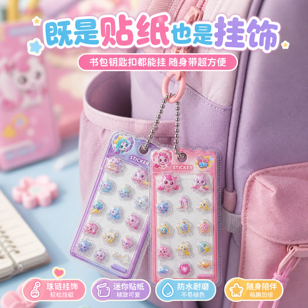 严格还原参考图中的奇妙萌可迷你小贴纸卡造型、珠链挂饰结构、萌可… - 图片创意预览
