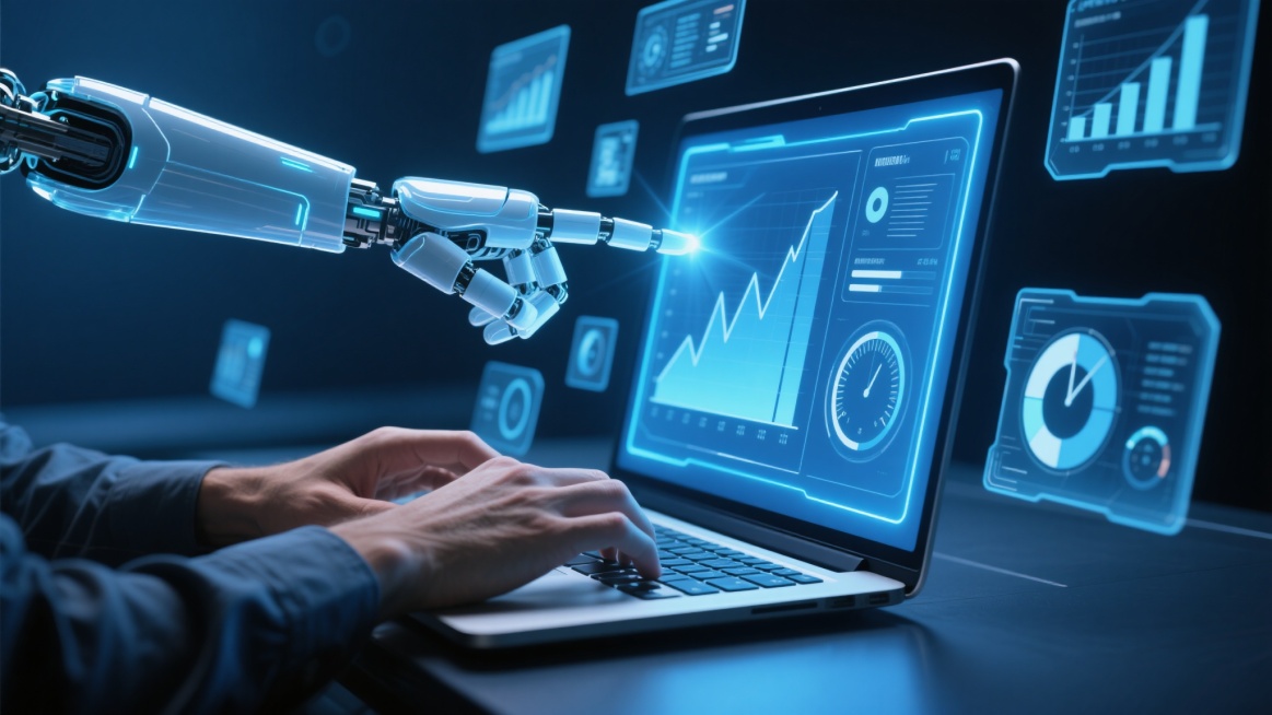 未来科技感十足的场景，深蓝色调为主，带有明亮的蓝白色发光元素，光影对比强烈，光线从机器人手指和笔记本屏幕散发出来形成光晕效果。一个人正在使用笔记本电脑，他的手放在键盘上，另一只半透明的机器人手从上方伸出，手指指向屏幕上的全息界面。周围悬浮着多个半透明的全息数据窗口，包含各种图表（折线图、柱状图、饼图）、仪表盘、圆形和方形的控制面板元素，界面线条流畅，带有科技感的蓝色发光边框。背景深邃模糊，突出……预览效果