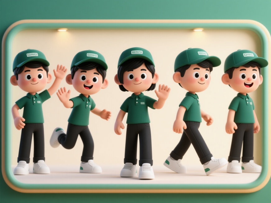 六个3D动画角色，国际亚裔送货司机，姿势和角度各不相同，深绿色帽子，深绿色polo衫，黑色长裤，白色运动鞋，主色调奶油色，统一背景，五官圆润，大眼睛，表情夸张可爱，嘴唇微微张开，黑色短发，姿势包括挥手预览效果