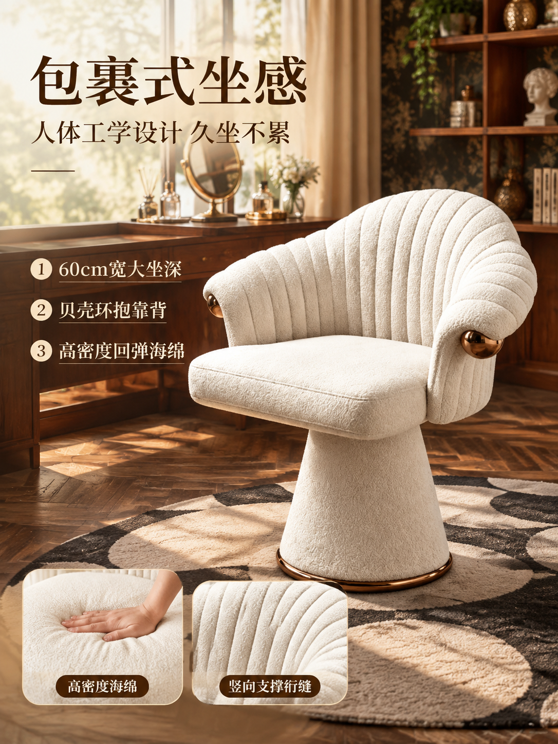 [主图-2] 化妆椅人体工学与坐感舒适度展示，突出包裹感与支撑… - 图片创意预览