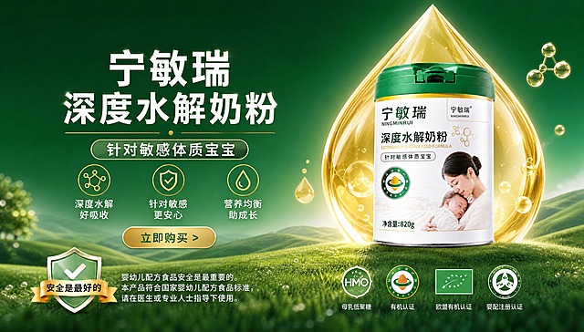 婴童奶粉banner海报，16:9横版比例。参考图2的高端有机奶粉版式骨架与氛围进行复刻设计：

【版式骨架复刻】保留参考图的左右分栏结构——左侧为文案区，右侧为产品+巨型水滴装饰区；底部为青草原野地平线；整体深绿色渐变背景，高端大气。

【产品锁死】右侧产品区为宁敏瑞深度水解奶粉罐，100%还原上传商品图（图1）的产品外形、包装、LOGO、印刷文字、净含量，完整保留绿色盖子、白色罐身、"宁敏瑞"品牌名、"深度水解奶粉"、"针对敏感体质宝宝"、妈妈抱宝宝图案、820g净含量等全部细节，正面朝向清晰可读，商品主体突出。

【巨型水滴装饰】产品后方有一个巨大的金色透明水滴/油滴状营养视觉符号（辅助色RGB 208 178 80），水滴内部有光泽折射，象征珍贵营养，与参考图的水滴造型呼应。

【左侧文案区】
- 主标题："宁敏瑞 深度水解奶粉"，大字醒目，白色字体
- 副标题："针对敏感体质宝宝"，稍小字
- 三个卖点图标+文字：深度水解好吸收 / 针对敏感更安心 / 营养均衡助成长，横向排列
- 下方有"立即购买"按钮或引导语

【底部元素】底部是绵延的青草原野，左下角有盾牌+飘带标注"安全是最好的"，旁边有婴幼儿配方食品安全提示小字；底部有认证标识图标排列。

【色调与氛围】主色调深绿色（RGB 22 94 65）渐变背景，辅助色金色（RGB 208 178 80），整体高端、纯净、天然、值得信赖的商业摄影风格，柔和光影，版式精美，层级分明。画面中所有信息区域必须填充完整合理内容。