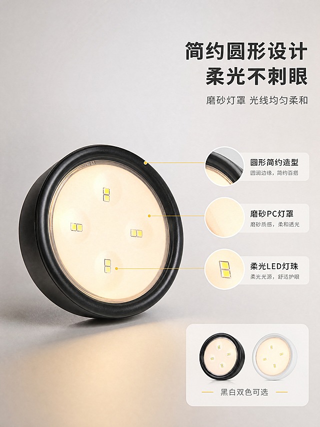 [商品] 使用【图3】黑色圆形LED小夜灯；保留圆形造型、黑色灯体、磨砂灯罩、LED灯珠结构、整体比例；修复产品表面，增强磨砂灯罩的柔光质感，不改变产品结构和颜色。
[画面] 目标：外观设计解析页，展示圆形简约造型与磨砂柔光效果。构图：产品居中偏左，占画面约50%，右侧留白放文字说明。景别：中近景。产品呈45度俯视角，灯罩发出柔和暖光，光线均匀扩散。信息载体：引线标注+细节放大图。背景：浅灰色渐变背景，突出产品轮廓和光效。
[视觉] 套系策略：风格=现代简约家居商业摄影风；标题字=思源黑体粗体；正文字=思源黑体常规；主色=暖白+深灰；背景延展=基于暖白和深灰做深浅层级、同色渐变和细腻哑光/磨砂质感；强调色=暖黄光，仅用于小面积图标、引线、标签和灯光光效；标题色=深炭灰；正文色=中暖灰；组件=圆角浅底信息卡、细线引线、暖光光晕；光影=左前侧暖柔光，灯罩发光效果自然柔和。
[文字] 右上主标题「简约圆形设计 柔光不刺眼」，副标题「磨砂灯罩 光线均匀柔和」。从产品引出3条细线标注：1.「圆形简约造型」指向灯体外圈；2.「磨砂PC灯罩」指向灯罩；3.「柔光LED灯珠」指向内部灯珠。右下角小图展示白色款缩略图，标注「黑白双色可选」。文字横向排版。
[规格] 图片比例3:4竖版，分辨率4K，quality=medium。避免变形、错字、文字过小、冷蓝背景、产品颜色改变、结构失真。