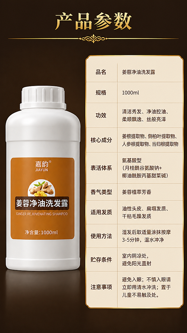 电商详情页第9张-产品参数页，姜蓉净油洗发露完整参数信息。本张使用【图1】作为左侧产品标准照，保持瓶身外观一致。
[氛围/风格] 左物右表型参数页，专业严谨，深棕底金色装饰，信息清晰易读。
[元素布局] 左侧为产品正面标准照（占画面约40%），右侧为竖排参数表格；顶部大标题配金色装饰线；背景深棕色，表格为浅米色底配深棕文字；整体左右分栏。
[光影质感] 产品照柔光打亮，表格区明亮清晰，整体暗调高级感。
[配色色系] 全局底色深棕色#3D2614；表格底色浅米色#F5E6C8；标题金色#D4A856；表格文字深棕色#5C3A1E；分隔线金色。
[视角构图] 左物右表，正面平视，阅读动线顶部标题→左侧产品图→右侧参数表逐行阅读。
[文字版式] 顶部大标题「产品参数」，配金色装饰横线；右侧参数表十行，左列项目右列详情：品名/姜蓉净油洗发露；规格/1000ml；功效/清洁秀发、净油控油、柔顺飘逸、丝般亮泽；核心成分/姜根提取物、侧柏叶提取物、人参根提取物、当归根提取物；表活体系/氨基酸型（月桂酰谷氨酸钠+椰油酰胺丙基甜菜碱）；香气类型/姜蓉植萃芳香；适用发质/油性头皮、扁塌发质、干枯毛躁发质；使用方法/湿发后取适量涂抹按摩3-5分钟，温水冲净；贮存条件/室内阴凉处，避免阳光直射；注意事项/避免入眼；不慎入眼请立即用清水冲洗；置于儿童不易触及处。表格行高适中，文字清晰可读。
[负向提示词] 产品变形，表格错乱，文字模糊，颜色偏差，水印，文字过小。