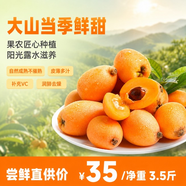 设计内容:
清晨在树上，下午在路上
大山里的当季鲜甜/果农匠心
种植阳光露水滋养|自然成熟不催熟|皮薄多汁
补充VC|润肺去燥
尝鲜直供价:¥35/净重3.5斤2,尺寸:800*800像素
3，色彩模预览效果