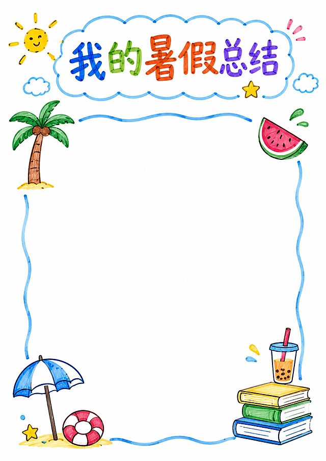 总结页，简笔画马克笔白底手绘风格，标题“我的暑假总结”，预留大区域书写总结，A4尺寸210*297
