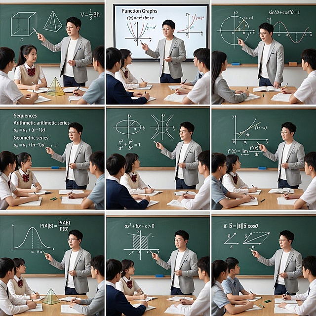 帮我生成关于高中数学的九宫格图片，要有老师和学生，老师的脸帮我设计成这张图片的，学生是中国人