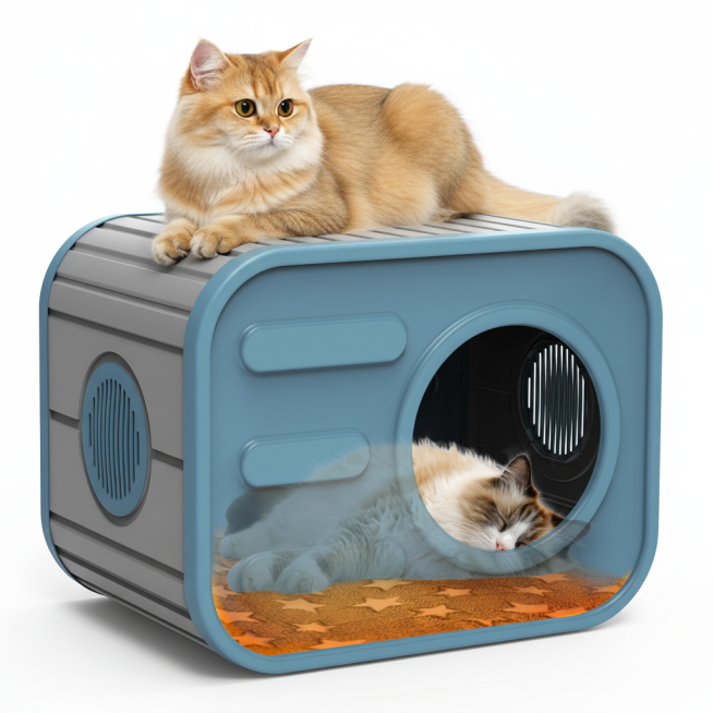 在参考图1基础上生成猫窝顶部慵懒趴着一只圆眼金渐层长毛猫（好奇表情），露出好奇表情，猫咪头部朝向在左，画面干净通透，色调柔和温暖，质感像高清商品展示图，背景纯白无杂物。高清，4k，精细，专业摄影，预览效果