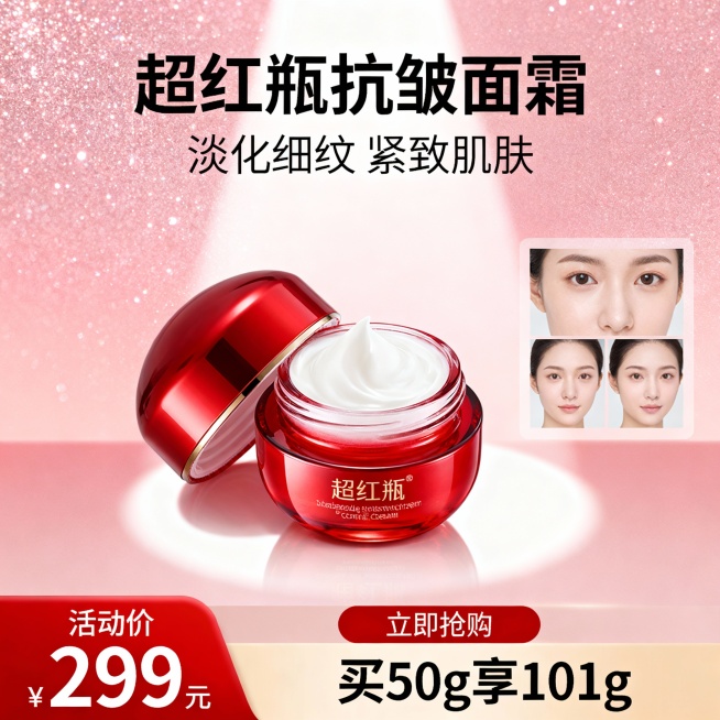 生成三张不同场景的面霜电商主图，价格“299元”，比例1:1，超红瓶 抗皱面霜 买50g享101g预览效果