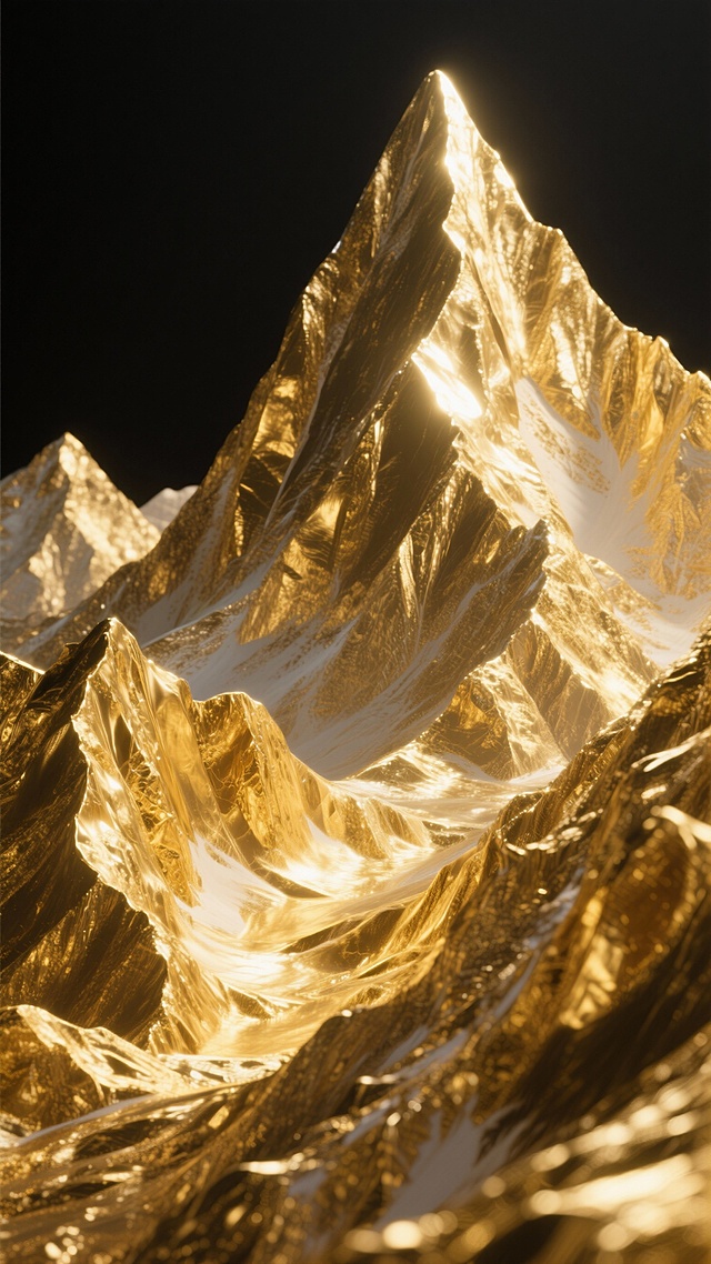 A majestic mountain range entirely made of polished, glowing gold, with sharp peaks catching the light against a deep, pitch-black background, hyperrealistic 3D rendering, ultra-detailed textures, dramatic lighting, cinematic atmosphere, luxurious and opulent vibe, high contrast between the bright gold and dark void, 8K resolution, wallpaper-ready