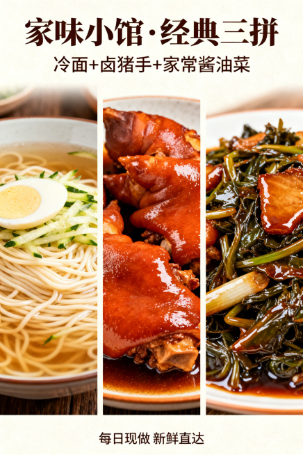 美观的美食海报，包含冷面、卤猪手和家常酱油菜三种食物，整体风格温馨诱人，色彩浓郁高级，菜品摆放整齐美观，适合做餐饮宣传海报，再次更换构图和色调重新生成预览效果