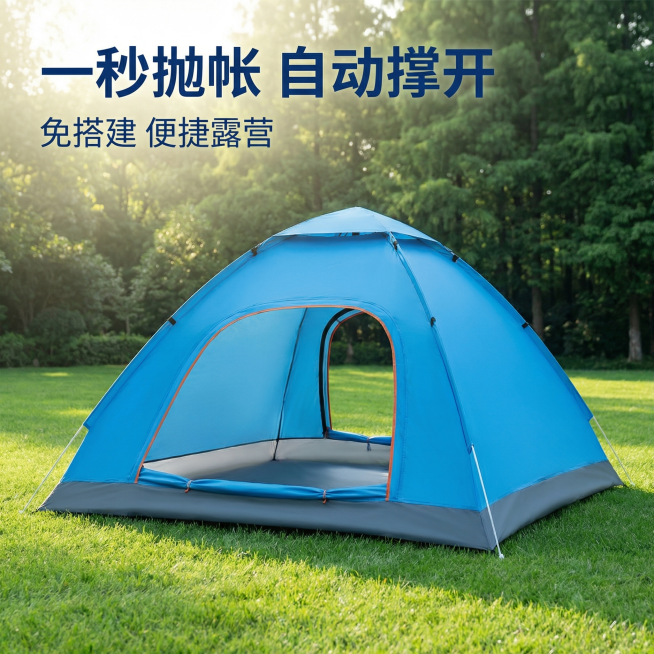 [主图 1] 户外露营帐篷速开抛帐首图
[氛围风格] 户外自然风格，清新休闲露营氛围
[画面元素] 商业摄影质感、光线柔和通透、产品清晰真实、画面干净高级。蓝色帐篷完整居中放置在翠绿草坪上，背景为树林预览效果