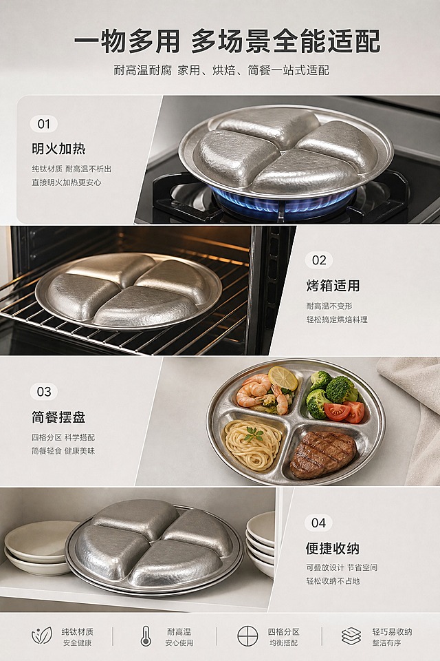 [商品] 使用【图1】背面视角与【图2】正面视角纯钛四分格餐盘；保留圆形轮廓、四格分区、冰花肌理、哑光金属银灰色质感、正反面结构细节；每一处产品均1:1比例无变形，精准还原口径24cm、高度2.3cm尺寸，完整还原产品肌理、质感、外观细节，去除无关杂物。
[画面] 多场景适配使用展示页，错落阶梯排版，画面分为4个场景区块错落排布：明火加热场景、烤箱使用场景、简餐摆盘场景、收纳摆放场景；每个场景中产品清晰可见，统一高级极简风格；主标题居顶部居中，副标题居其下；画面场景过渡自然，光影柔和通透，整体视觉无割裂感，卖点直观。
[视觉] 套系策略：风格=简约轻奢哑光质感风，错落阶梯多场景拼接；标题字=无衬线极简加粗字体；正文字=无衬线极简细体；主色=金属银灰色(#B8B8B6)、哑光浅灰(#9C9A97)；背景延展=浅灰到白色的哑光渐变底色，各场景区块用细白线分割；强调色=白色(#FFFFFF)，用于分割线与场景标签；标题色=哑光深灰；正文色=中灰；组件=极简场景分割线、编号标签；光影=各场景内统一柔和漫射光，质感通透。
[文字] 画面顶部居中主标题："一物多用 多场景全能适配"，极简加粗大号；副标题："耐高温耐腐 家用、烘焙、简餐一站式适配"，细体中号居主标题下方；每个场景区块配极简小字标签（明火加热/烤箱适用/简餐摆盘/便捷收纳），文字层级分明。
[规格] 图片比例2:3竖版，2K分辨率，medium质量；避免竖版比例失调、多场景拼接杂乱不协调、画面风格割裂、产品尺寸变形质感失真、场景脏乱劣质、色彩杂乱艳丽、文字排版错乱、字体粗糙、多余水印装饰、模糊画质噪点多、浮夸网红风。