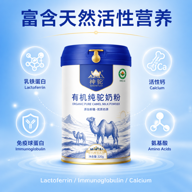 严格还原神驼有机纯驼奶粉产品图，包括包装设计、蓝白配色、LOGO 位置、文字内容、骆驼与沙漠图案元素等所有细节，产品为 320g 罐装有机纯驼奶粉。画面比例 1:1，整体为适配泰国市场的明亮清新杂志风预览效果