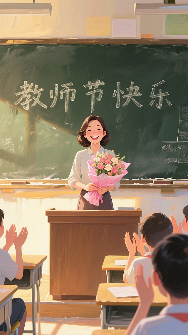 教室里，黑板上写着 “教师节快乐” ，一位笑容灿烂的女教师捧着粉色包装的一束花站在讲台上面对学生，学生鼓掌，暖黄色光影，正视，画面重心居下