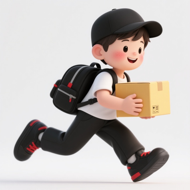 3D卡通风格，白色背景，一个戴着黑色棒球帽、穿着白色短袖和黑色长裤的卡通男孩，背着黑色双肩包，双手抱着一个黄色的快递盒，正迈开双腿向前奔跑，脸上带着微笑，脸颊有红晕，鞋子是黑色带红色装饰，整体造型圆润可爱，色彩明快，光影柔和，细节丰富，充满活力。预览效果
