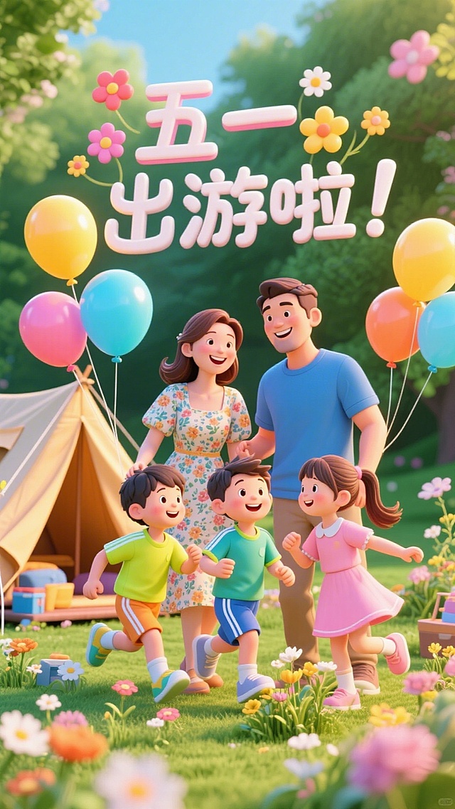 软3D风家庭出游场景，卡通人物洋溢温馨喜庆，花丛气球点缀清新自然，五一节日氛围浓厚。
