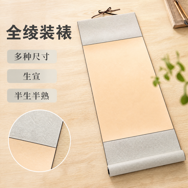 「图片1」，生成一套主图（4张），商品名称是空白宣纸挂轴，卖点是多种尺寸可选，全绫装裱，生宣，半生半熟，适配淘宝/天猫平台，主图比例为1:1预览效果