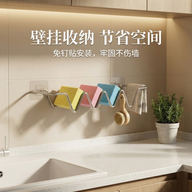 我是一个拼多多商家，帮我生成10张一整套以图片内容为背景的海绵沥水架电商详情页图片。以图片商品为准，不要更改商品主图，图片商品是可壁挂的，免钉贴安装，材质是优质不锈钢，可壁挂可台面，壁挂是没有沥水盘的预览效果