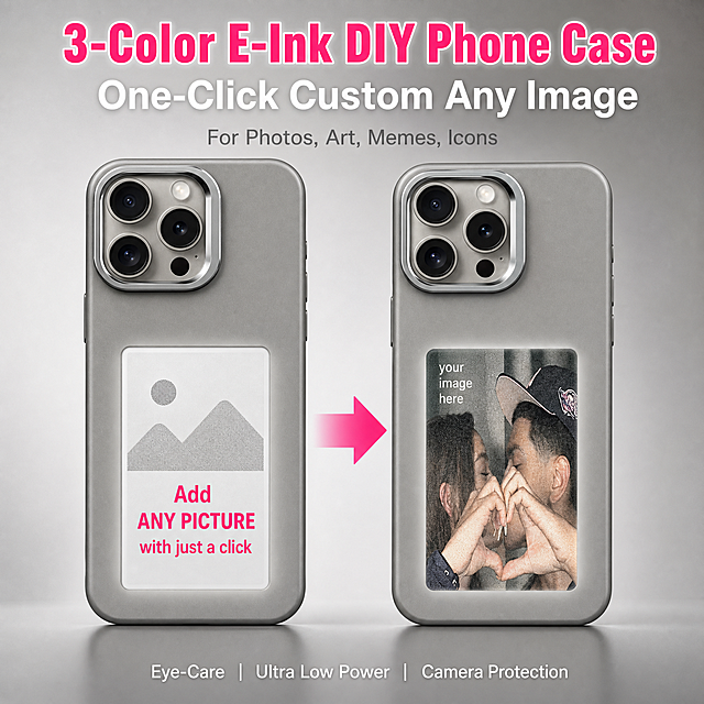 AliExpress main image, 800x800 square, high-end minimalist tech style. Two matte premium grey 3-color e-ink screen DIY phone cases (one large for iPhone 15 Pro Max, one standard for iPhone 15) centered in the frame. The cases have raised protective camera frame with realistic metal texture details, the embedded 3-color e-ink screen on the back has a subtle soft backlit glow to show the smart screen feature, with a sample couple photo displayed on the screen to demonstrate the effect. Add a fluorescent pink gradient arrow from the left demo case to the right finished case, with bold pink text on the left case that says "Add ANY PICTURE with just a click" to clearly show the one-click customization function. Text layout all in English, clear and readable, no blur: 1. Top center, largest font, bold sans-serif, fluorescent pink with white outline: "3-Color E-Ink DIY Phone Case" 2. Below the main title, second largest font, bold white text: "One-Click Custom Any Image" 3. Below the core selling point, light grey regular text: "For Photos, Art, Memes, Icons" 4. Bottom center, small white text: "Eye-Care | Ultra Low Power | Camera Protection". Background: Premium light grey gradient background, no extra clutter, soft top side lighting to highlight the matte texture of the case, the camera area has realistic metal highlights, the overall picture is bright, transparent, high-end, with strong visual impact, no distortion, no irrelevant elements, fully compliant with AliExpress main image standards. 1:1 800x800 square, high definition, all text English no Chinese. Negative prompt: deformation, watermark, text confusion, blurry product, messy background.