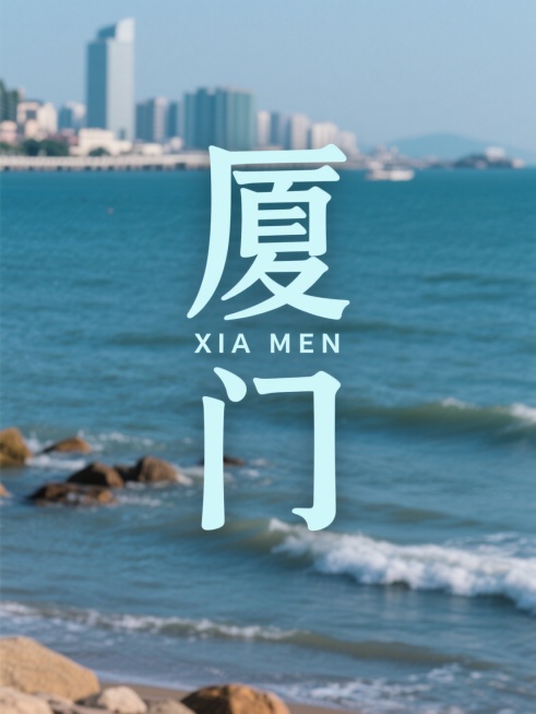 “厦门”二字竖排居中，字体有一定的样式设计，副标题小字“XIA MEN”位于主标题之间，文字为冷色调，背景为厦门城市海边照片预览效果