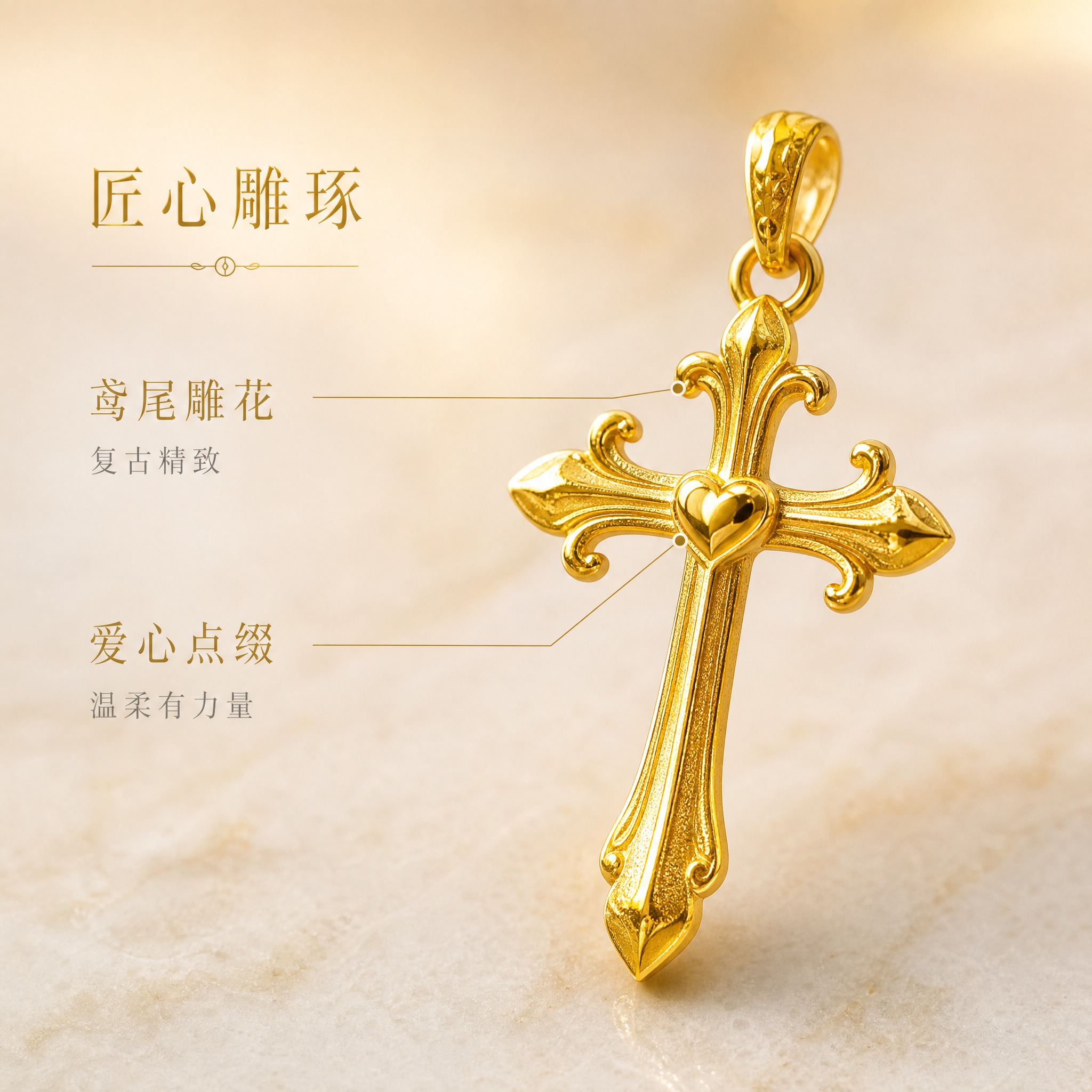 [主图-2] 足金十字架吊坠核心亮点图 展示复古鸢尾花雕花工艺… - 图片创意预览