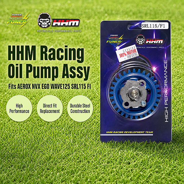 [单张主图] HHM Racing Oil Pump Assy motorcycle performance part, 爆款促销感主图，在马来绿色草坪背景展示产品，吸引东南亚电商买家。
[画面主体] 选择单款完整包装的油泵产品居中展示，保持产品外观、结构、品牌Logo、包装文字与输入产品图绝对一致，杜绝任何变形和色差，精细化处理。商品主体占画面约60%，清晰展示油泵齿轮和金属结构细节，蓝色齿轮和银色金属材质真实还原。左上角保留原产品提取的HHm品牌Logo，字形和配色完全一致，不遮挡主体。
[构图版式] 采用左文右品标签参数型版式，左侧文字区域，右侧产品主体。
[场景元素] 背景为清新自然的绿色草坪，铺满整个画面，草地质感真实自然，色彩鲜亮符合马来电商风格。产品放置在草坪上，底部轻微自然阴影，增强真实感。
[文案版式] 左侧文字区域，分三行排版：
第一行大粗体字："HHM Racing Oil Pump Assy"
第二行中等字重："Fits AEROX NVX EGO WAVE125 SRL115 FI"
下方三张圆形浅绿标签标注卖点：
1. High Performance
2. Direct Fit Replacement
3. Durable Steel Construction
所有文字均为英文，无任何中文字符。字体为粗体无衬线，深绿色字与浅色草坪背景形成强对比，清晰可读。
[光影质感] 自然户外日光，主光从左上照射，金属表面形成清晰柔和高光，齿轮缝隙有自然阴影，草坪色彩饱和自然，景深适中，背景清晰不过度虚化，整体商业摄影质感，产品清晰真实，画面干净通透。
[配色字体] 主色调为草地绿色，辅助色为产品蓝色和银色，强调色为深绿色文字，整体配色清新自然符合东南亚市场偏好，字体粗体无衬线，对比强烈醒目。
[比例分辨率] 1:1 正方形比例，2k 分辨率，文字清晰可辨，超高清画质。
[负向提示词] 变形，水印，错字，文字错乱，中文内容，产品图模糊，主体遮挡，背景杂乱，低清晰度，错误结构。