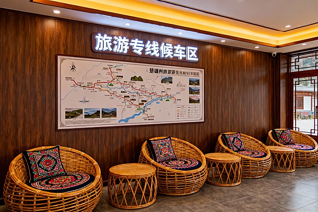 生成室内旅游专线候车区，胡桃木色背景，墙上要有楚雄州旅游景点路线图，与旅游专线候车区发光字，座椅是成竹编圆形座椅，座椅放置彝绣座垫与靠垫