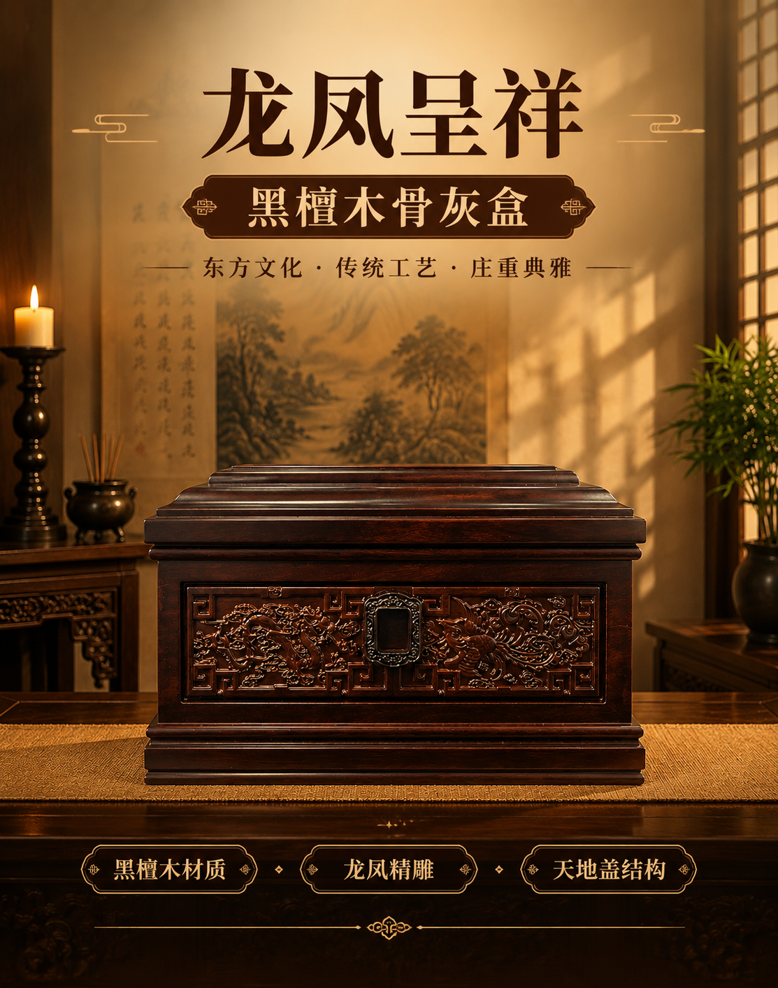 [主图-1 首图] 龙凤呈祥黑檀木骨灰盒正面主视觉，突出产品全… - 图片创意预览