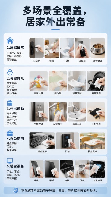 [第10屏] 季铵盐消毒湿巾全场景适用展示页。
[氛围/风格] 生活化简约风格，柔光低饱和，干净清晰。
[元素布局] 顶部标题，分五块展示不同使用场景，每个场景配小图标和说明，排版整齐不拥挤。
[光影预览效果