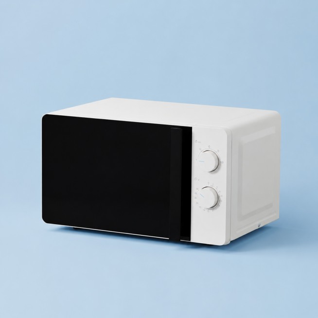 移除图片中所有文字（包括Haier、海尔微波炉HW-M2001YW、变频微波速热双旋简烹好生活），将背景替换为纯净淡蓝色纯色背景，保持海尔微波炉产品外观、颜色、结构、材质和输入产品图一致，不变形，图片预览效果