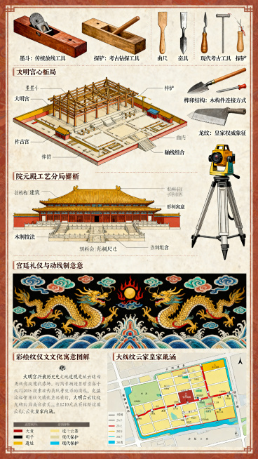 A3大小信息可视化流程图展板，主题为西安大明宫古建筑营造与考古工具和核心组件细节插图，包含：描绘传统建造工具墨斗、刨子、凿子、曲尺、夯具与现代考古工具探铲、全站仪等测量测绘工具；包含五幅核心细节插图：预览效果