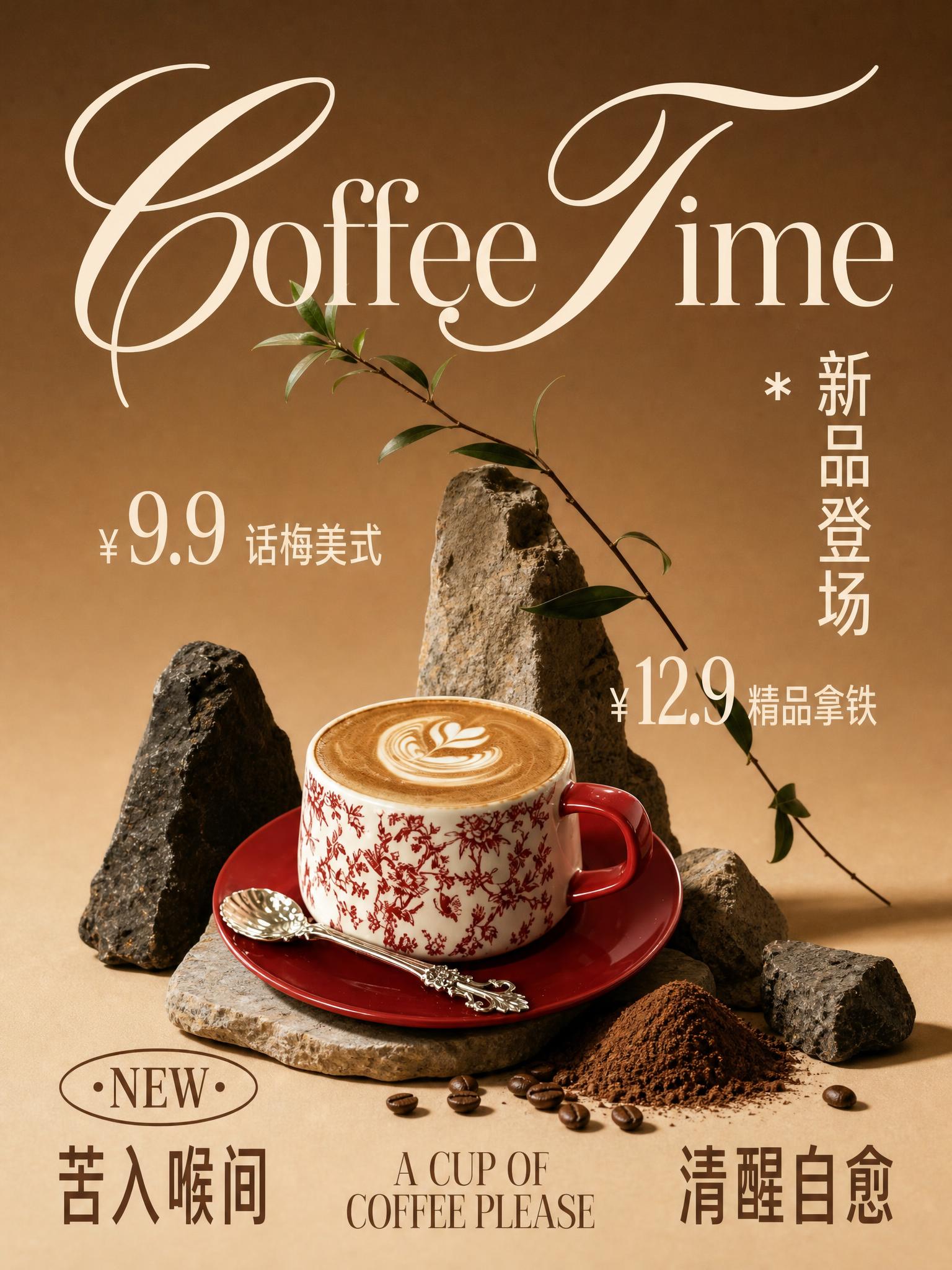 咖啡新品促销海报，版式复刻参考图的骨架结构，将参考图中的两杯咖… - 图片创意预览