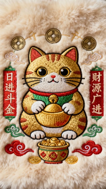 毛绒质感背景，主体为一只圆滚滚的刺绣金色招财猫，瞪着大眼睛，爪子抱着金元宝，周围环绕着铜钱、聚宝盆和祥云图案，两侧配以竖排的吉祥祝福语“日进斗金”“财源广进”，整体色调以金色、红色、绿色为主，温暖喜庆预览效果