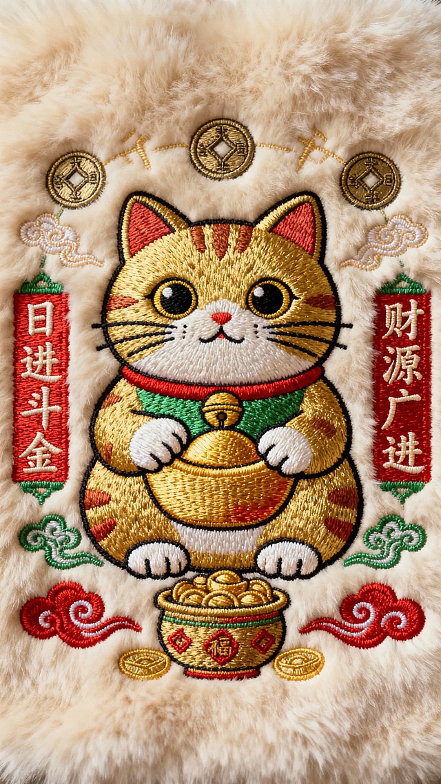 刺绣风国潮招财猫，拟人化设计萌趣十足，融合喜庆红金配色与传统祥云钱币元素，传递新春好运祝福。