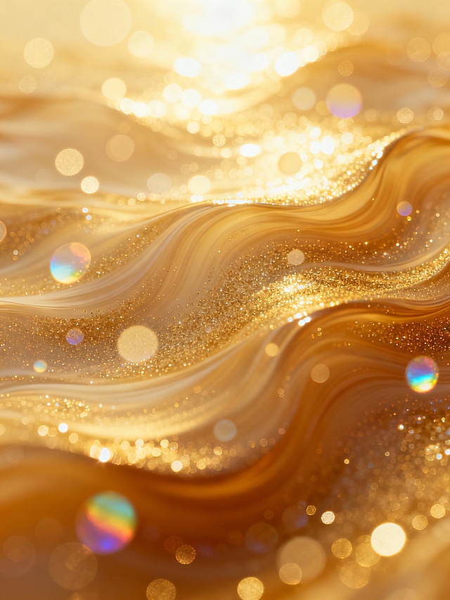 温暖明亮的金色系流体渐变背景，呈现出柔和流动的纹理质感，画面中布满大小不一、虚实结合的光斑效果，包括圆形散景光斑、带有彩虹色棱镜效果的光斑以及细腻的金色闪光颗粒，整体光影层次丰富，高光区域位于顶部形成明亮的光源感，底部颜色稍深形成自然的渐变过渡，营造出梦幻、璀璨而温暖的氛围，光斑分布自然且具有流动感，与背景的流体质感和谐融合。