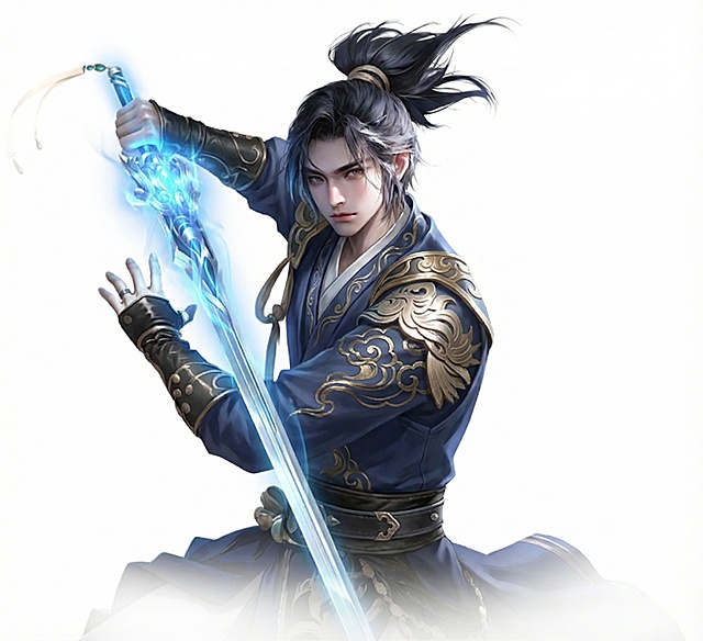 帮我把这个人物进行修改,衣服变成蓝色的,刀柄发出蓝光