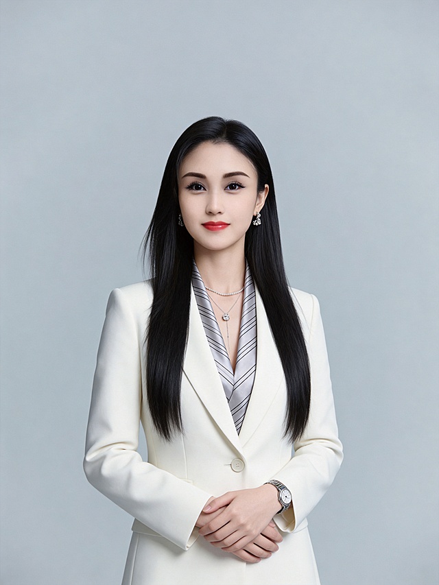 参考第一张图保留人物脸型､发型､年龄等特征生成职场形象照,参考第二张图的人物占位和比例,标准焦段50mm,F/4光圈(F/2.8-F/4区间),平视视角(镜头与人物视线齐平)眼神明亮温和､直视镜头;人物占画面70%,人物居中(居中构图),位于画面中心,为视觉聚焦点,入境范围头部及以下至臀部下方10cm(半身像);左右留少量背景空间;头部与画面顶部保留5%空间;头部发型完整,头肩比例协调;淡妆,肤质白皙细腻;冷调白皙,极淡裸粉哑光眼影打底,极细内眼线填充睫毛根部,大直径深棕色带细微高光点的自然款美瞳;边缘模糊无生硬轮廓;眼神澄澈,看向镜头唇妆:自然水光唇釉,唇形饱满､唇峰清晰､唇面透亮光泽;身穿纯浅米白色西装外套(挺括棉质混纺面料,垂坠感与挺括感兼具,版型利落简洁､线条流畅),内搭浅灰色细条纹丝巾,内外叠搭形成V领的样式,完美贴合衣领的边缘,露出2cm宽(与衣领平行),平整无褶皱,丝巾为哑光绸缎感材质,柔和微微光泽､纹理细腻,增添职场精致感;西装系单粒扣,姿态端庄优雅:双手呈交叠放松姿态:右手覆盖于左手上方,手腕自然,整体手势松弛且优雅感;动作幅度柔和,兼具“专业感”与“亲和力”,身姿挺拔有度､双肩自然下沉,手腕放松,自然站立姿势;嘴角微微上扬,唇角自然浅笑(唇色自然粉嫩);画面整体干净清爽,自信从容｡中度暖灰色背景(光线呈现均匀柔和､干净通透质感),严格按照第一张图的内容生成｡