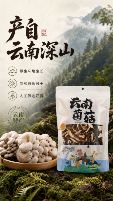 [第2屏] 云南产地核心卖点展示屏。
[氛围/风格] 真实产地叙事风格，自然大气，突出原生态产地优势，商业摄影质感。
[元素布局] 本屏上半部分采用云南高山森林实景图作为背景，下半部分摆放北风菌干货包预览效果