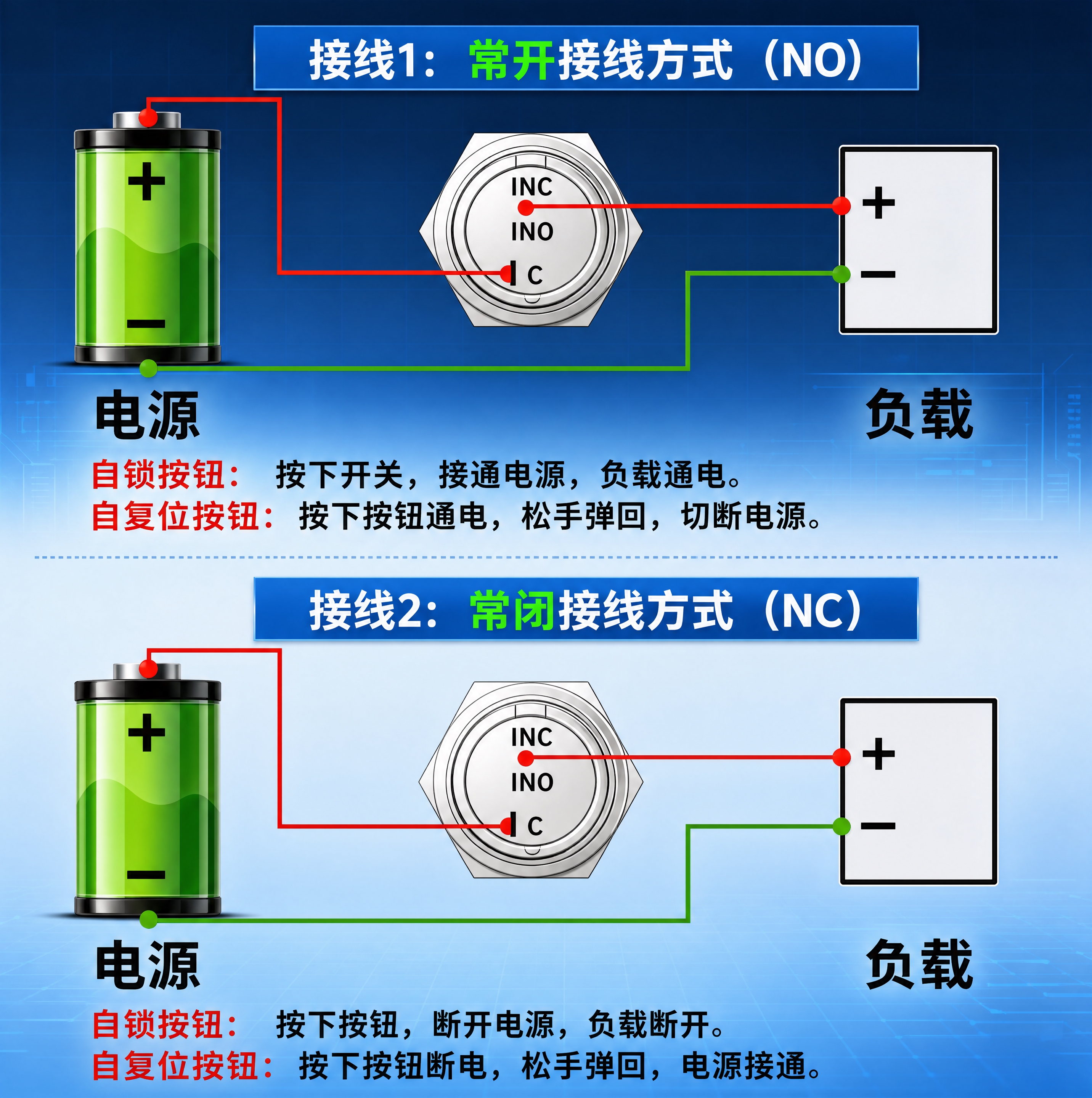 超写实工业电气接线原理图，重新排版设计。 主体：按钮开关两种接… - 图片创意预览